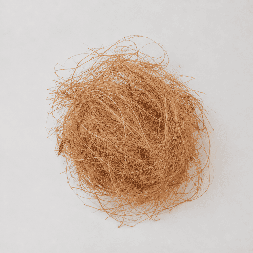 Natural golden-brown coco fiber gathered in a loose bundle, showcasing the fine, tangled texture of coconut coir fibers